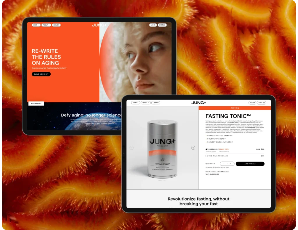 Modern Shopify design for JUNG+, showcasing cutting-edge products in the health and longevity industry, developed by Split Development.