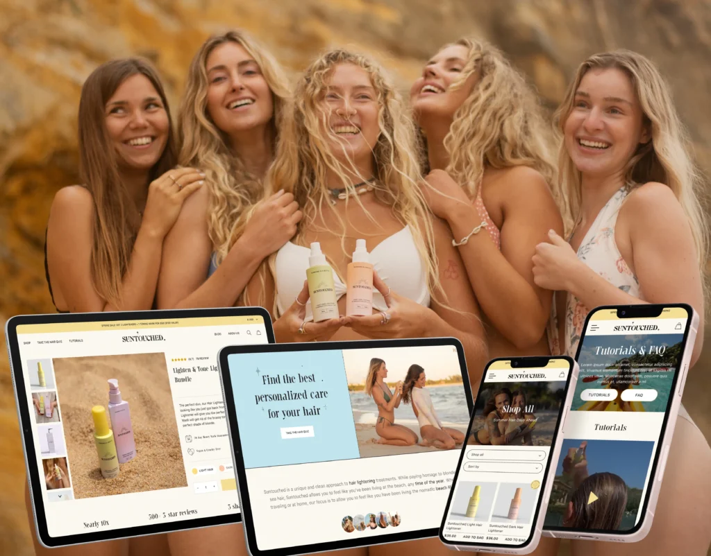 Modern e-commerce design for Suntouched, showcasing hair care products with a clean and minimalist Shopify interface by SPLIT Development.