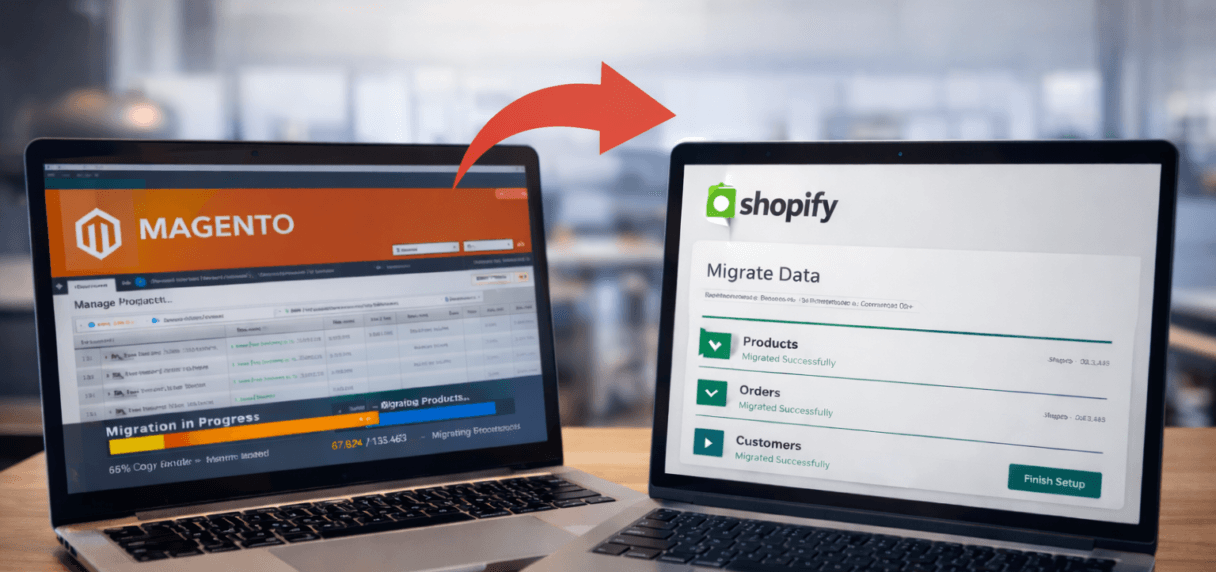 Magento to Shopify migration concept showing two laptops with data transfer from legacy ecommerce platform to Shopify admin dashboard