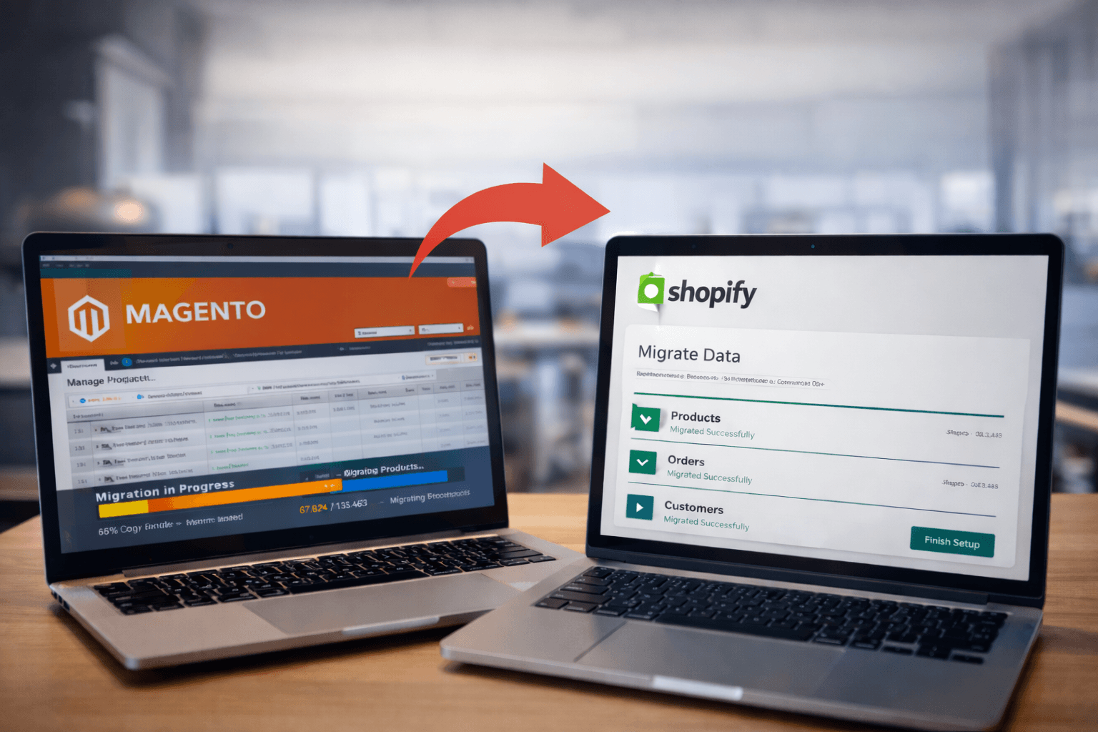 Magento to Shopify migration concept showing two laptops with data transfer from legacy ecommerce platform to Shopify admin dashboard