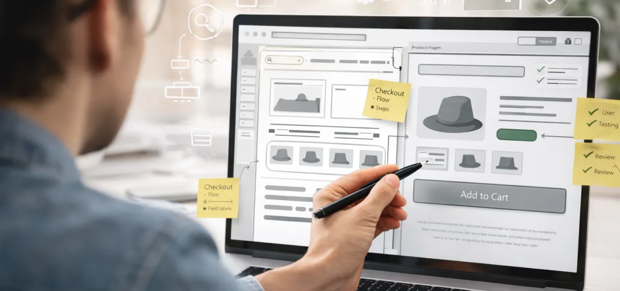 UX designer reviewing ecommerce wireframe and checkout flow optimization on laptop