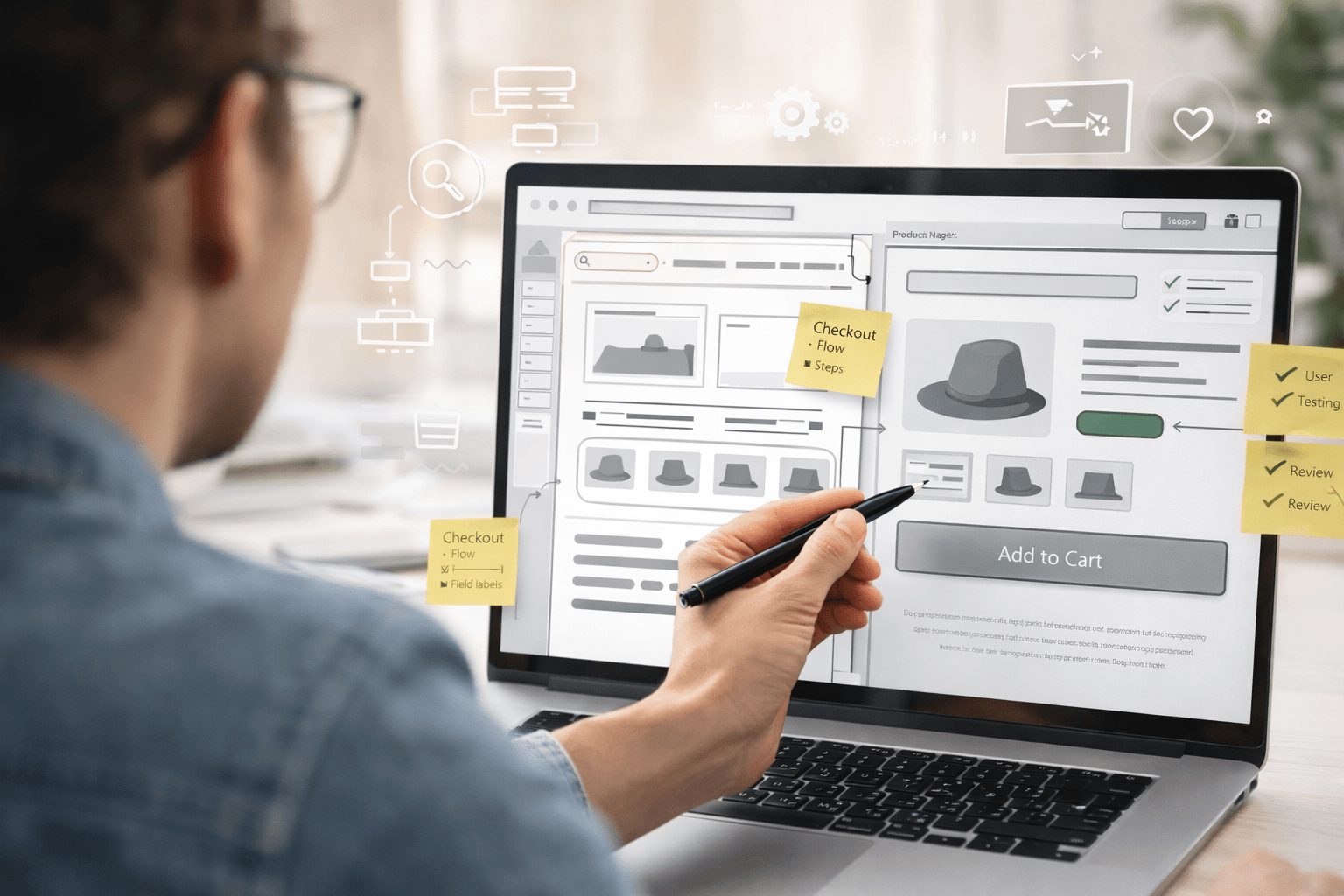 UX designer reviewing ecommerce wireframe and checkout flow optimization on laptop