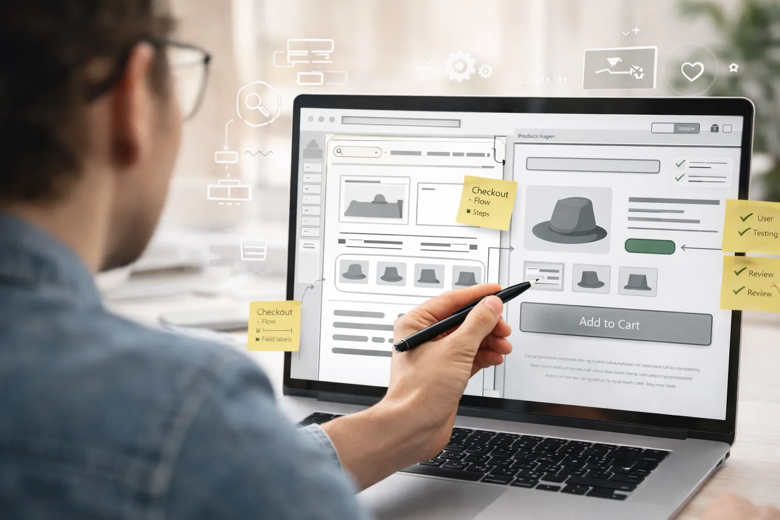 UX designer reviewing ecommerce wireframe and checkout flow optimization on laptop