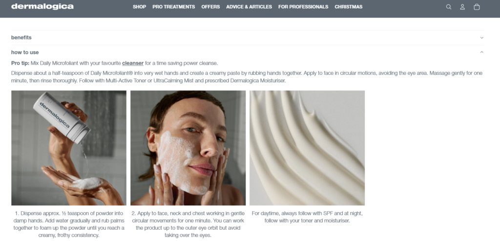 Dermalogica product page with a four-step how to use guide