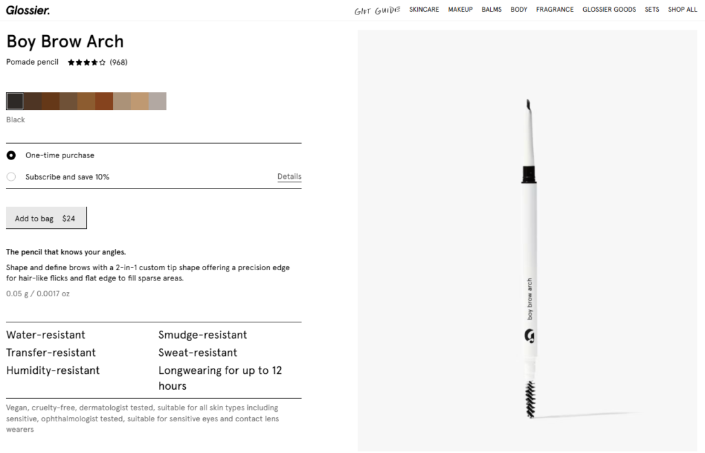 Glossier Boy Brow Arch product page on Shopify