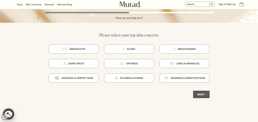 Murad skincare quiz matching products to skin concerns on Shopify