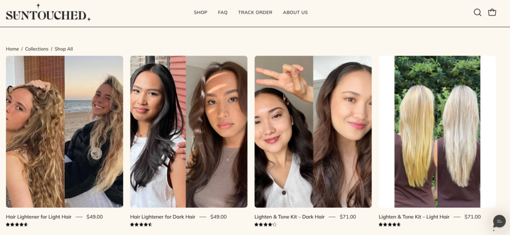 Suntouched Shopify collection page with hair lightener products for light and dark hair